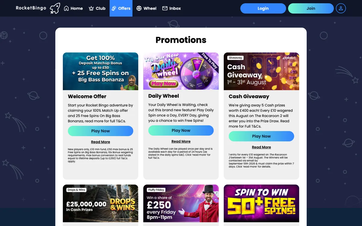 Rocket Bingo Casino — Promotions, captured from United Kingdom