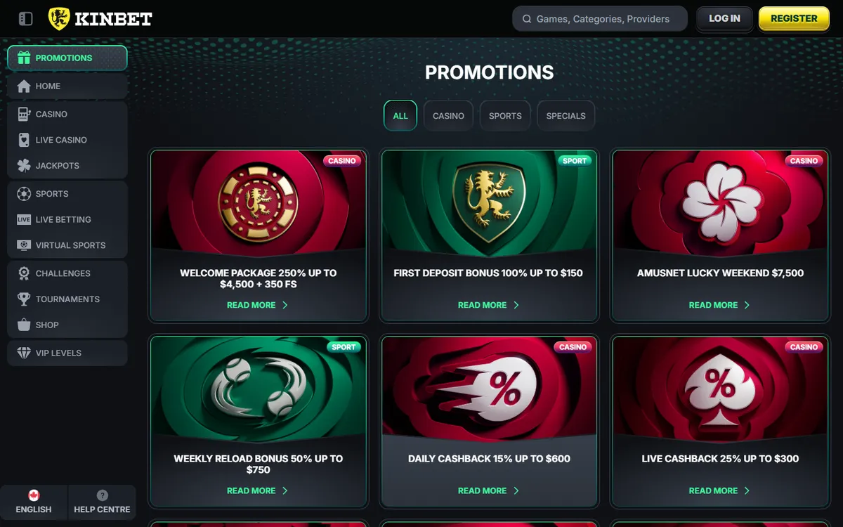 Kinbet Casino — Promotions, captured from Canada