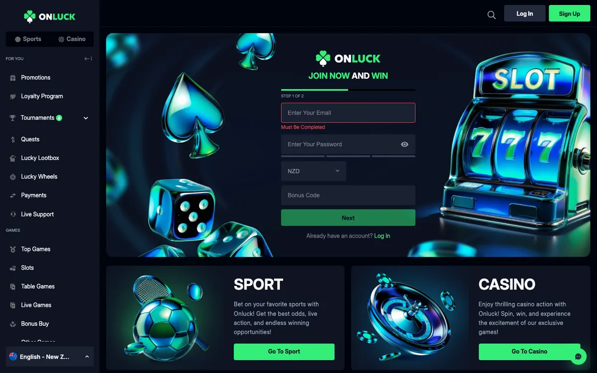OnLuck Casino — Sign-up, captured from New Zealand