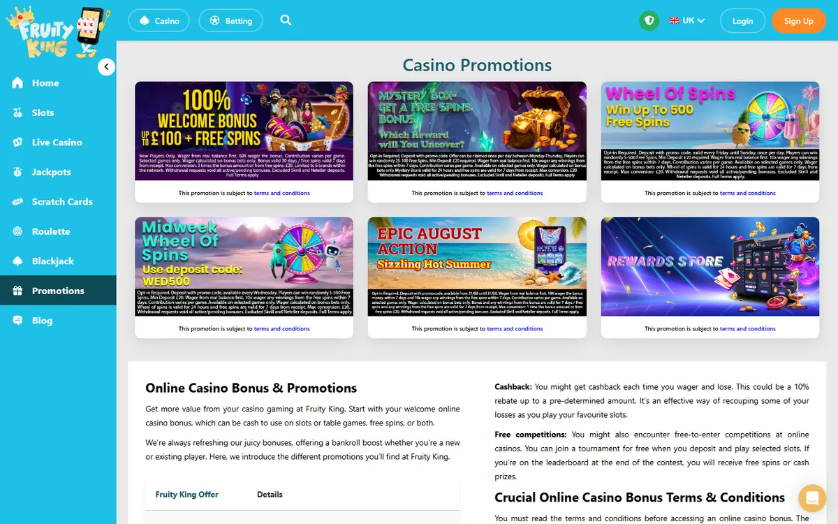 Fruity King Casino — Promotions, captured from Canada