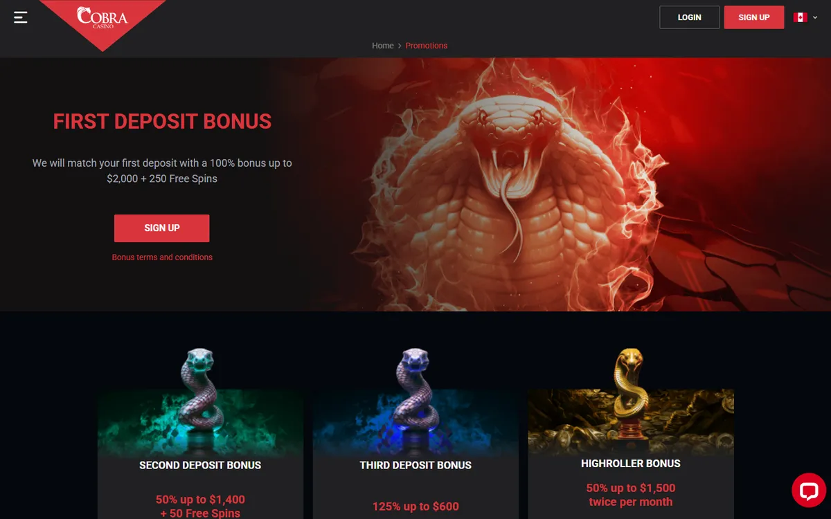 Cobra Casino — «Акции», снято из страны Канада