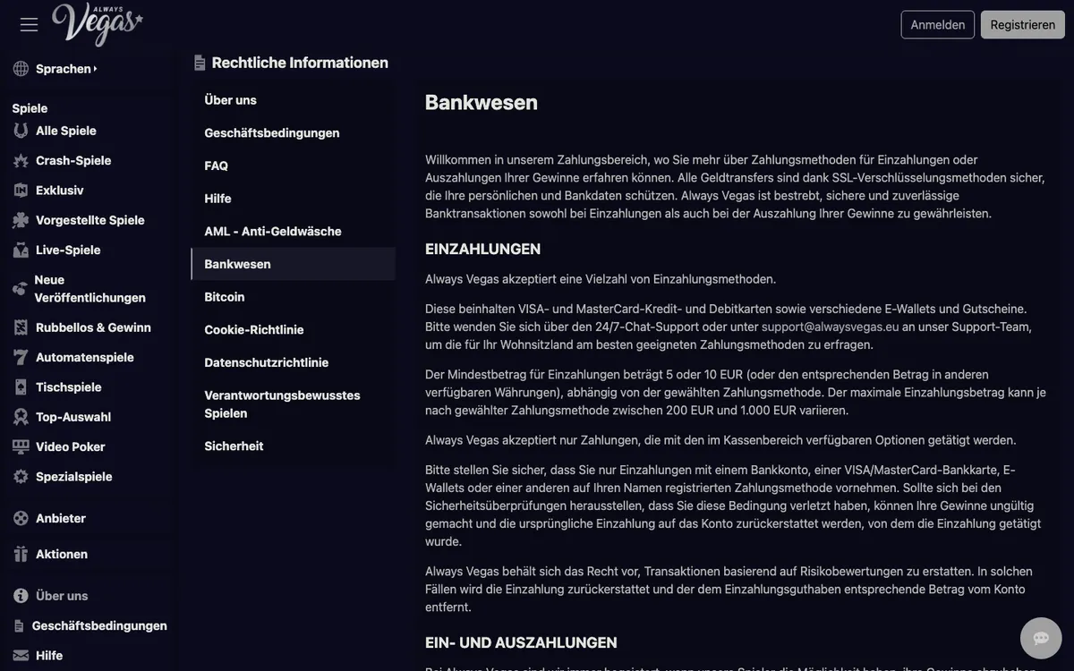Always Vegas Casino — Payments, captured from Germany