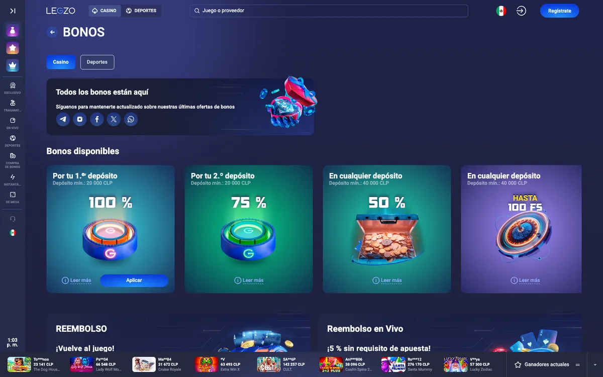 Legzo Casino — Promotions, captured from Chile