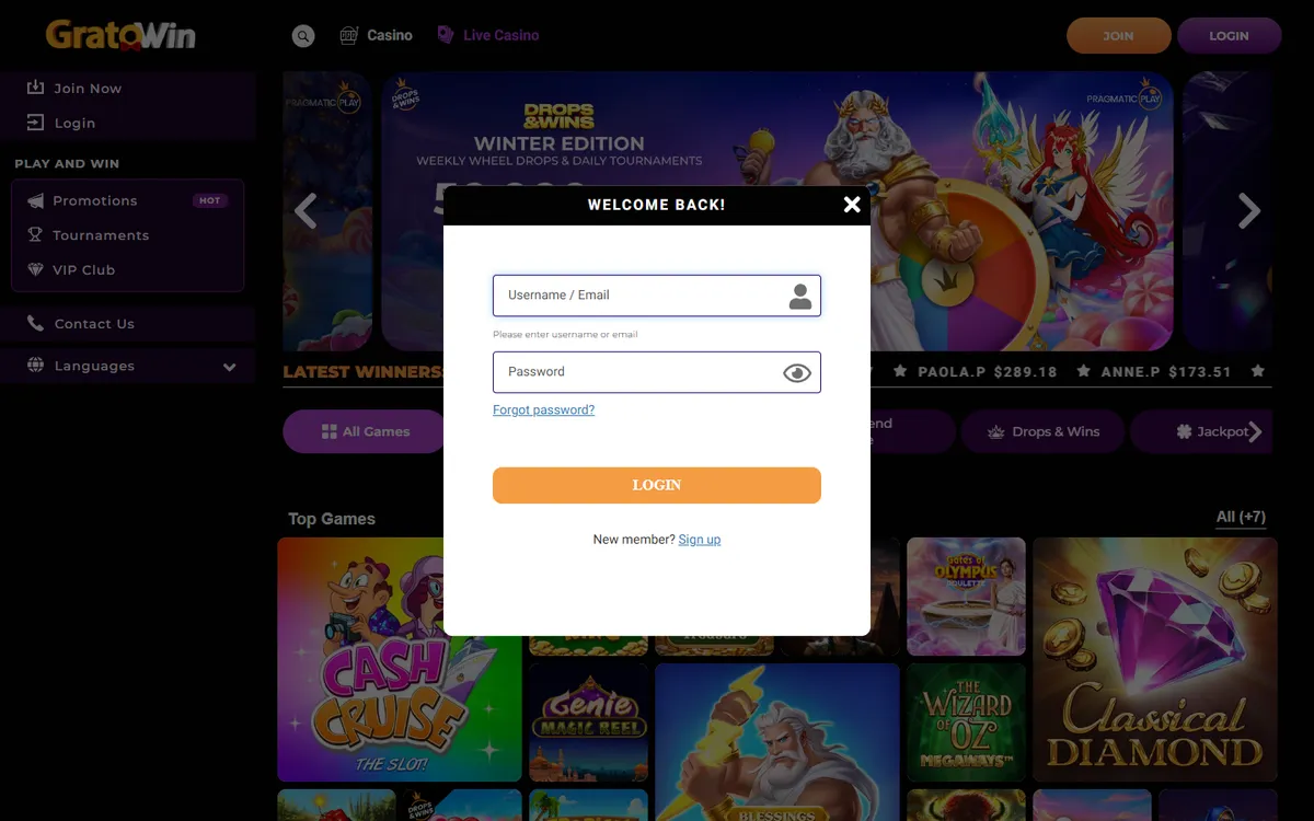 GratoWin Casino — Sign-up, captured from Canada