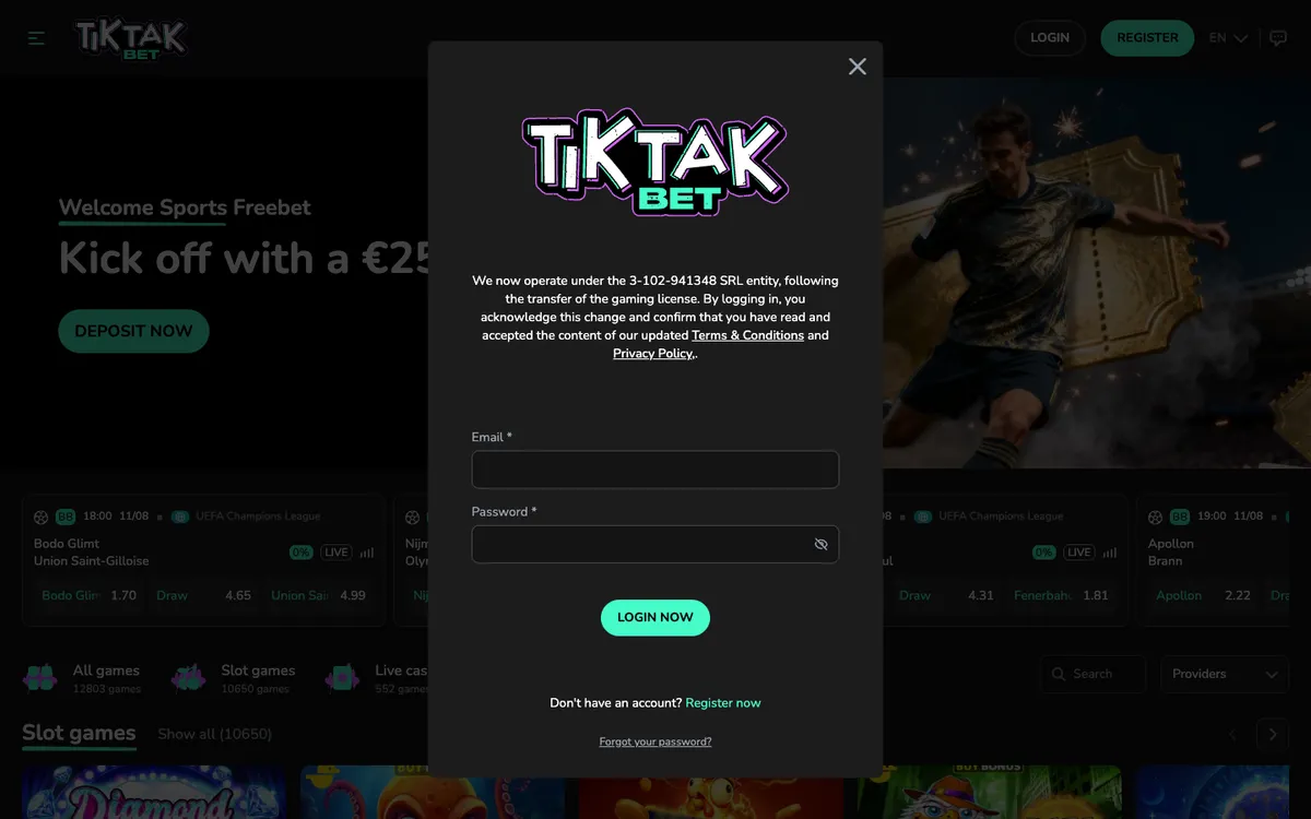 TikTak Bet Casino — Sign-up, captured from Portugal