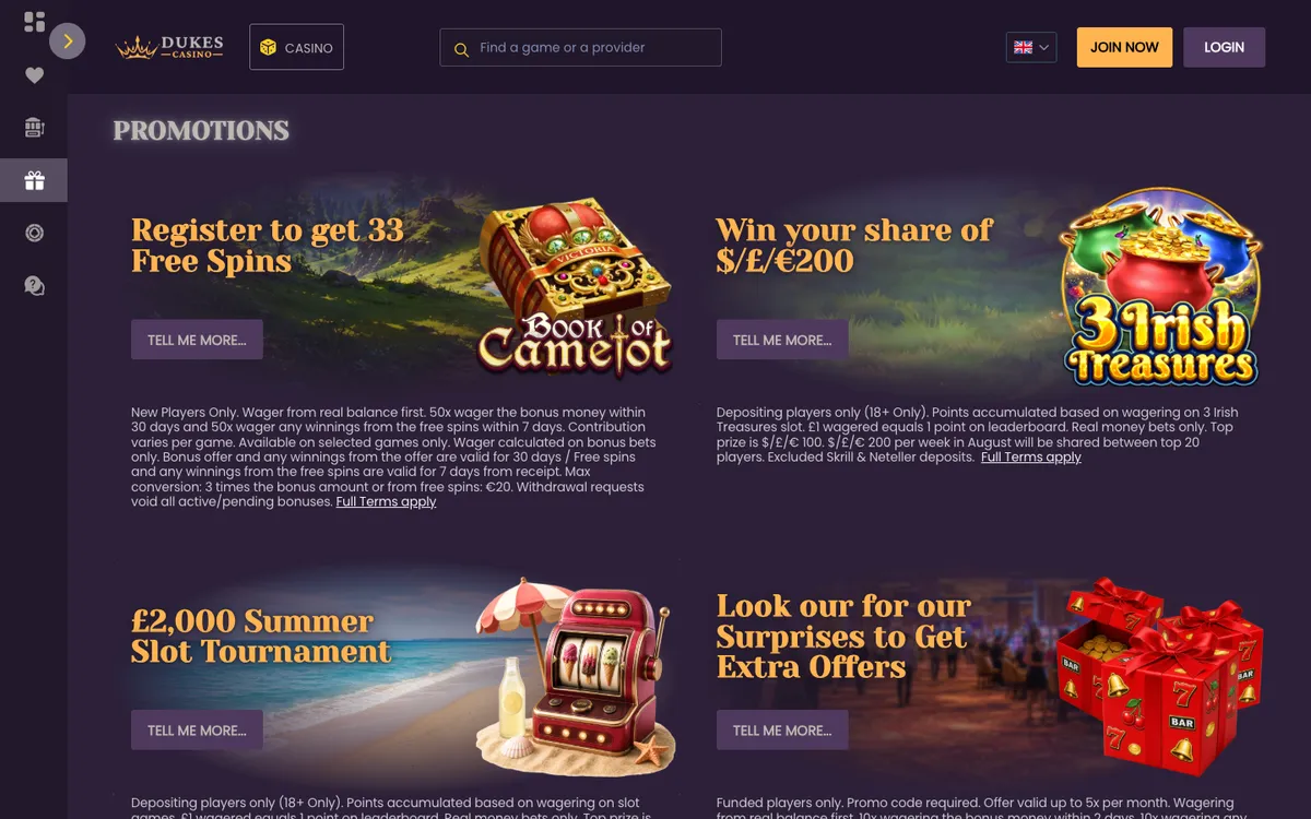 Dukes Casino — Promotions, captured from Portugal