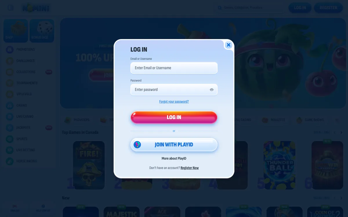 Nomini Casino — «Регистрация», снято из страны Канада