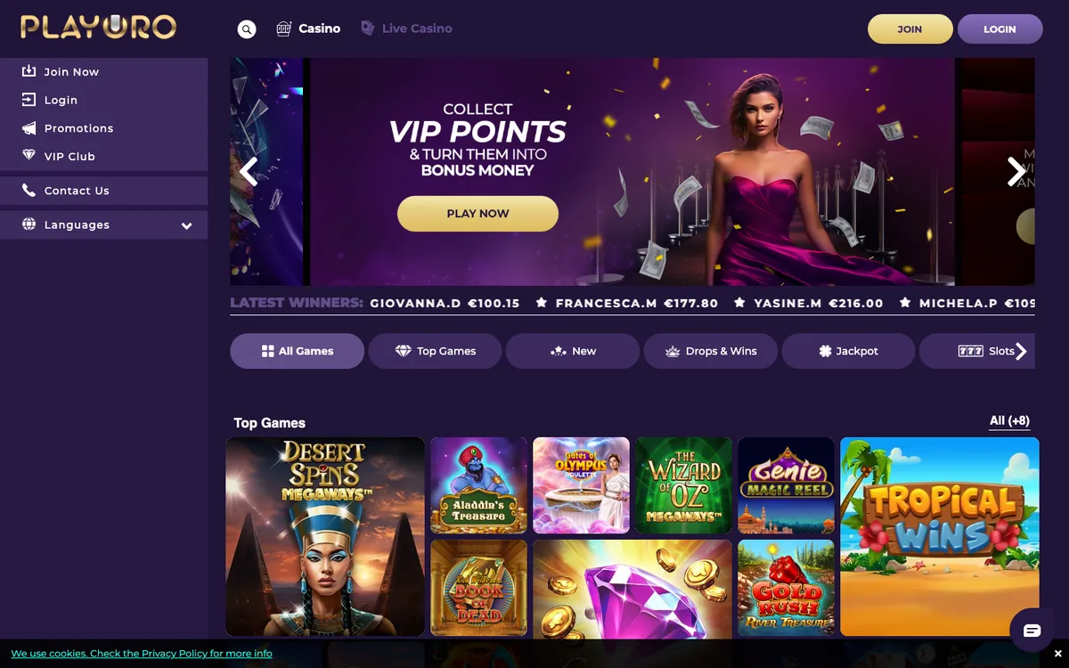 Playoro Casino — Home page, captured from Belgium