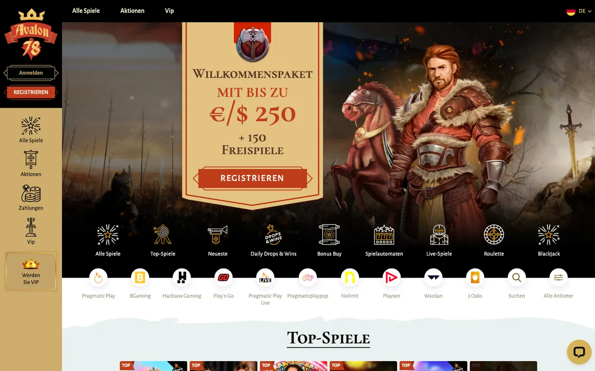 Avalon78 Casino — Home page, captured from Austria