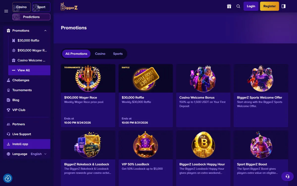 BiggerZ Casino — «Акции», снято из страны Канада