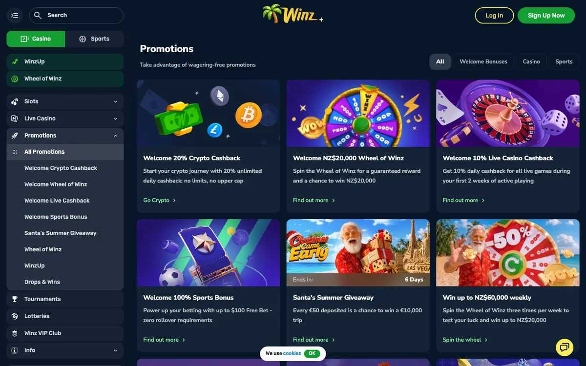 Winz.io Casino — Promotions, captured from New Zealand