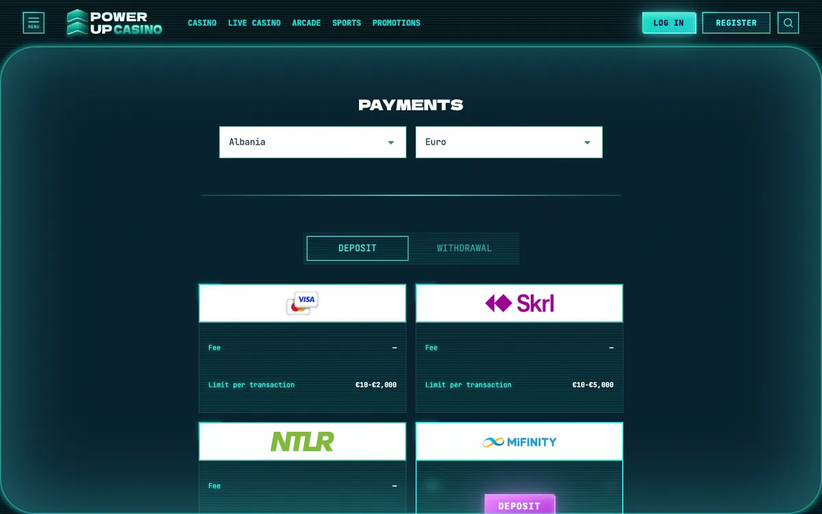 PowerUp Casino — Payments, captured from South Africa