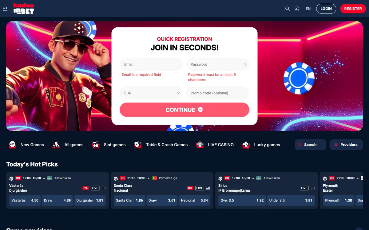 Kudosbet Casino — Home page, captured from Belgium
