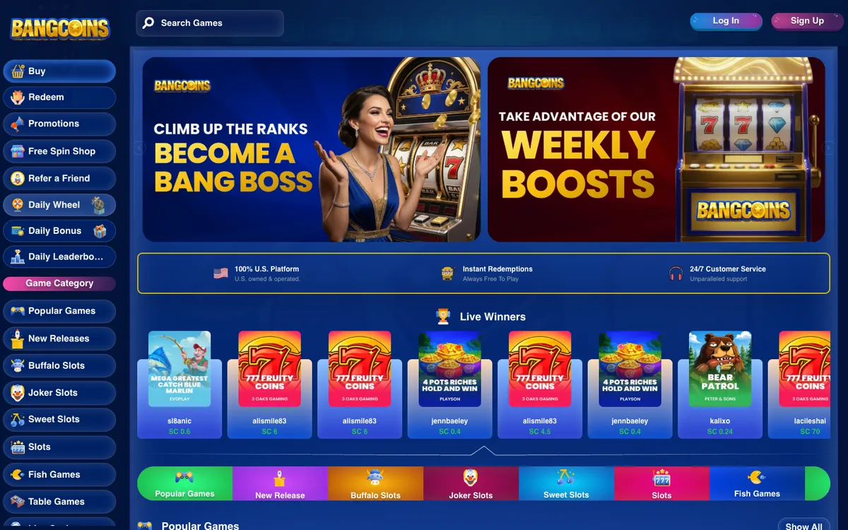 BangCoins Casino — Home page, captured from United States