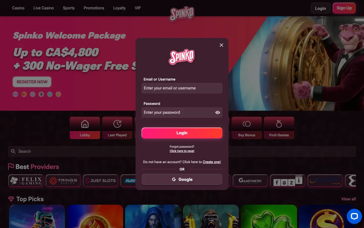 SpinkoCasino — Sign-up, captured from Canada