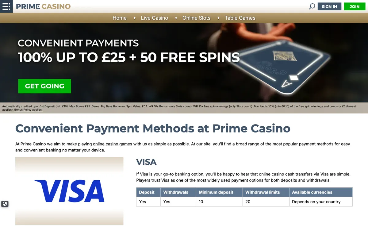 Prime Casino — Payments, captured from United Kingdom