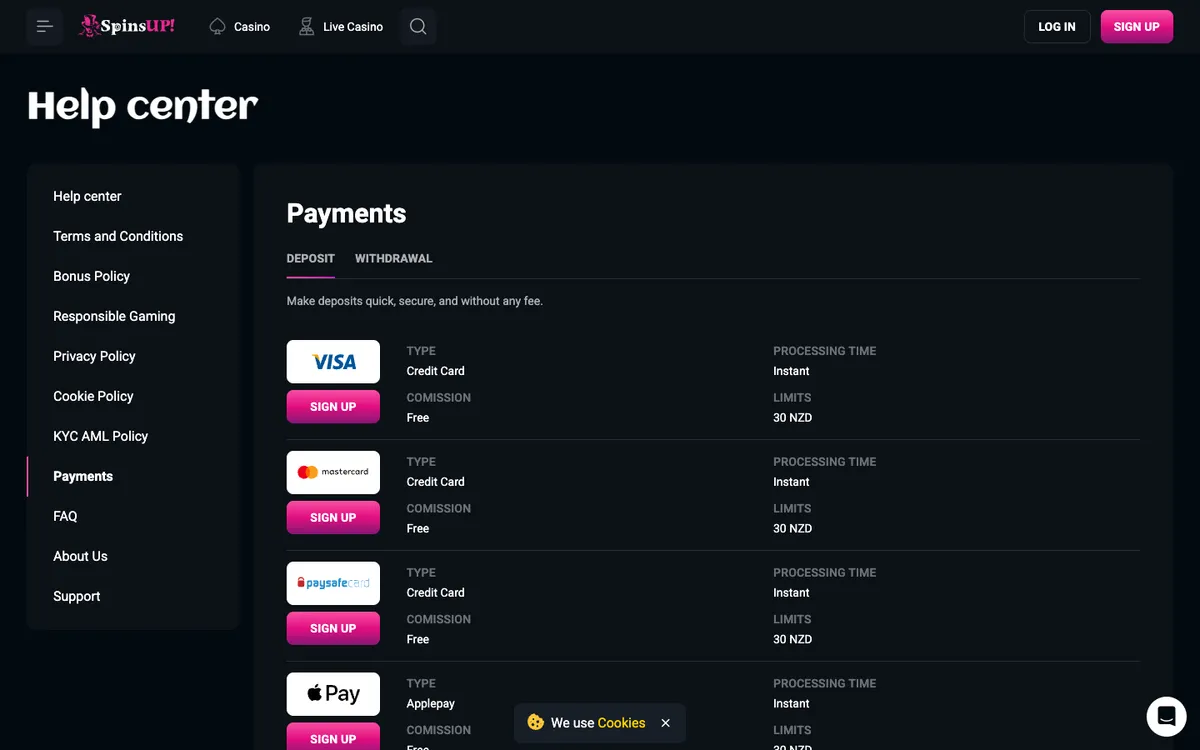 SpinsUP Casino — Payments, captured from New Zealand