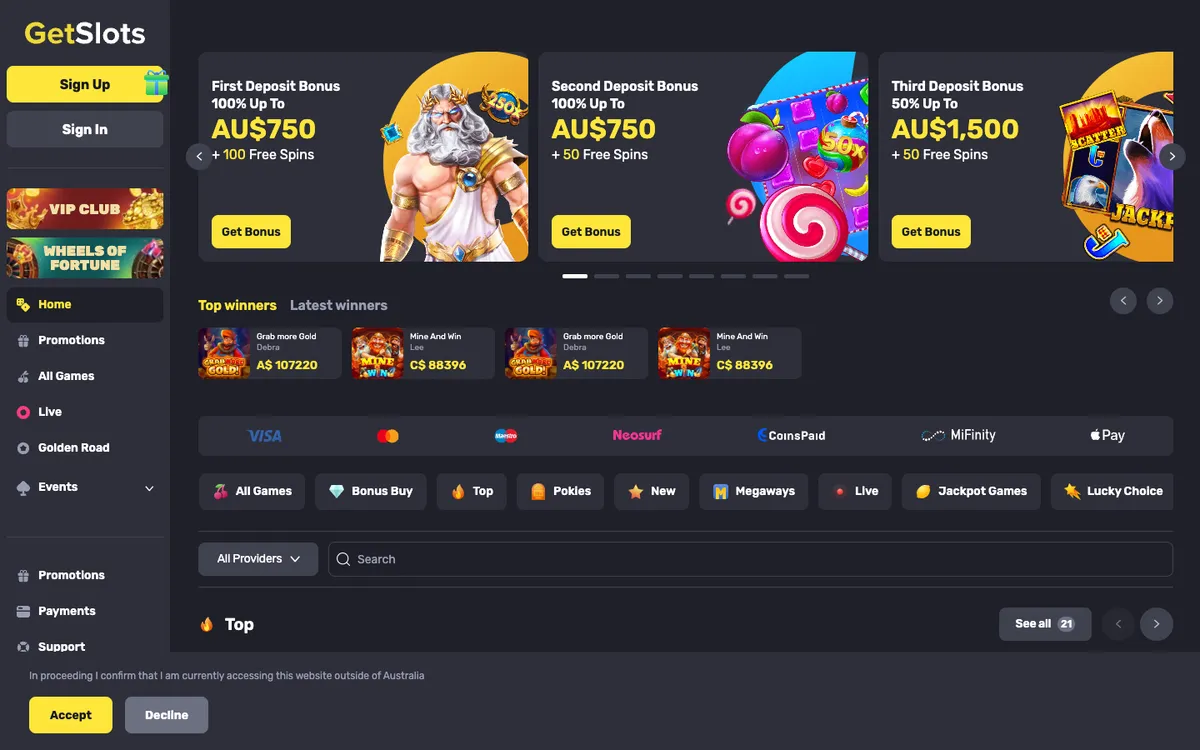 GetSlots Casino — «Главная», снято из страны Австралия