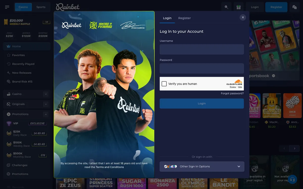 Rainbet Casino — Sign-up, captured from Canada