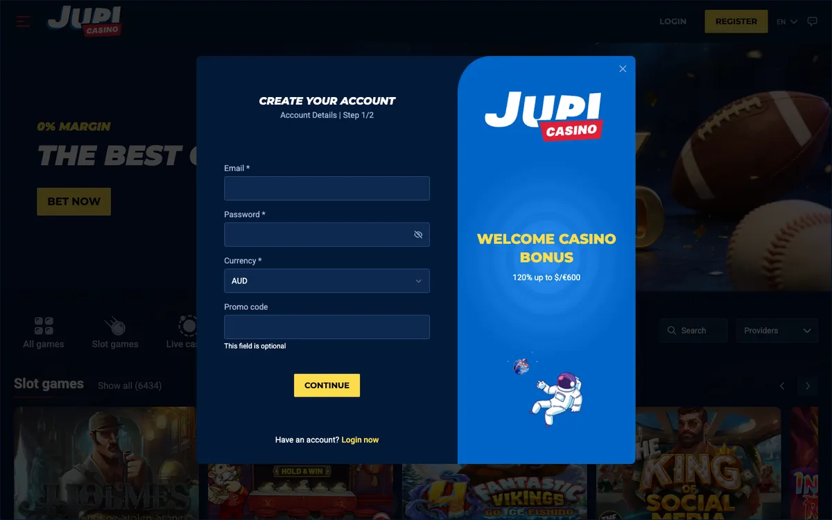 Jupi Casino — Sign-up, captured from Australia