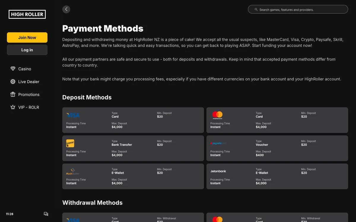 Highroller Casino — Payments, captured from New Zealand