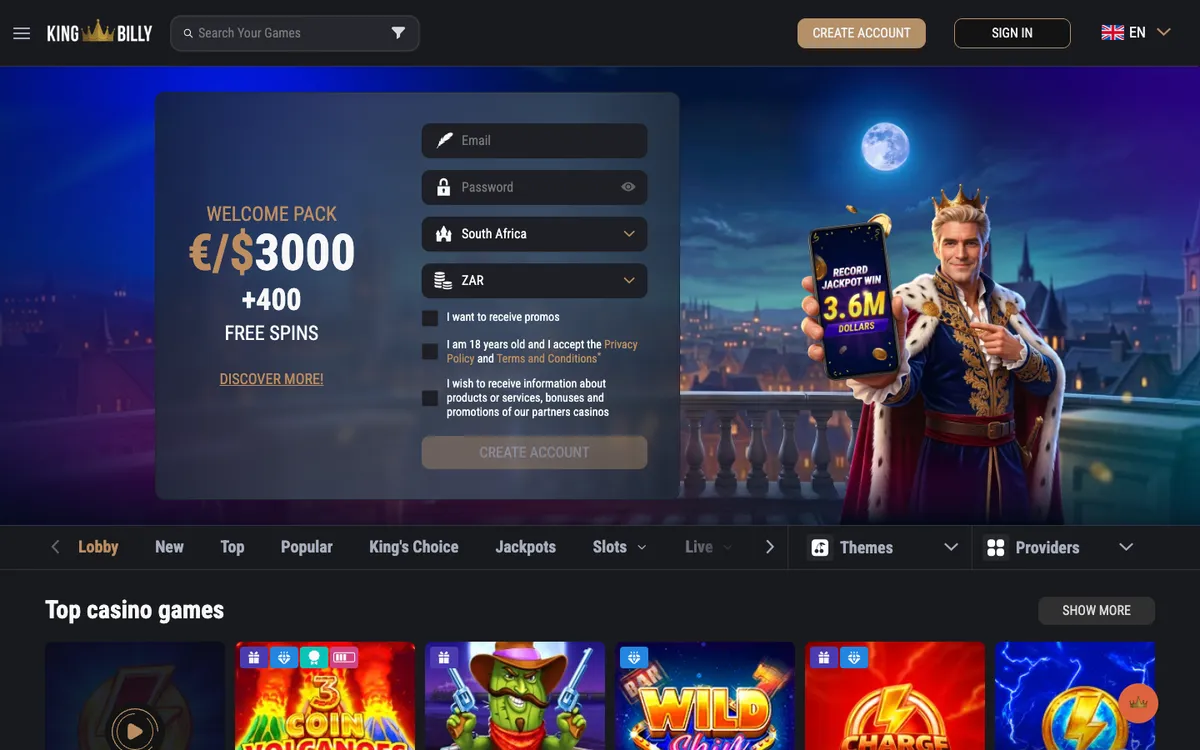 King Billy Casino — Home page, captured from South Africa