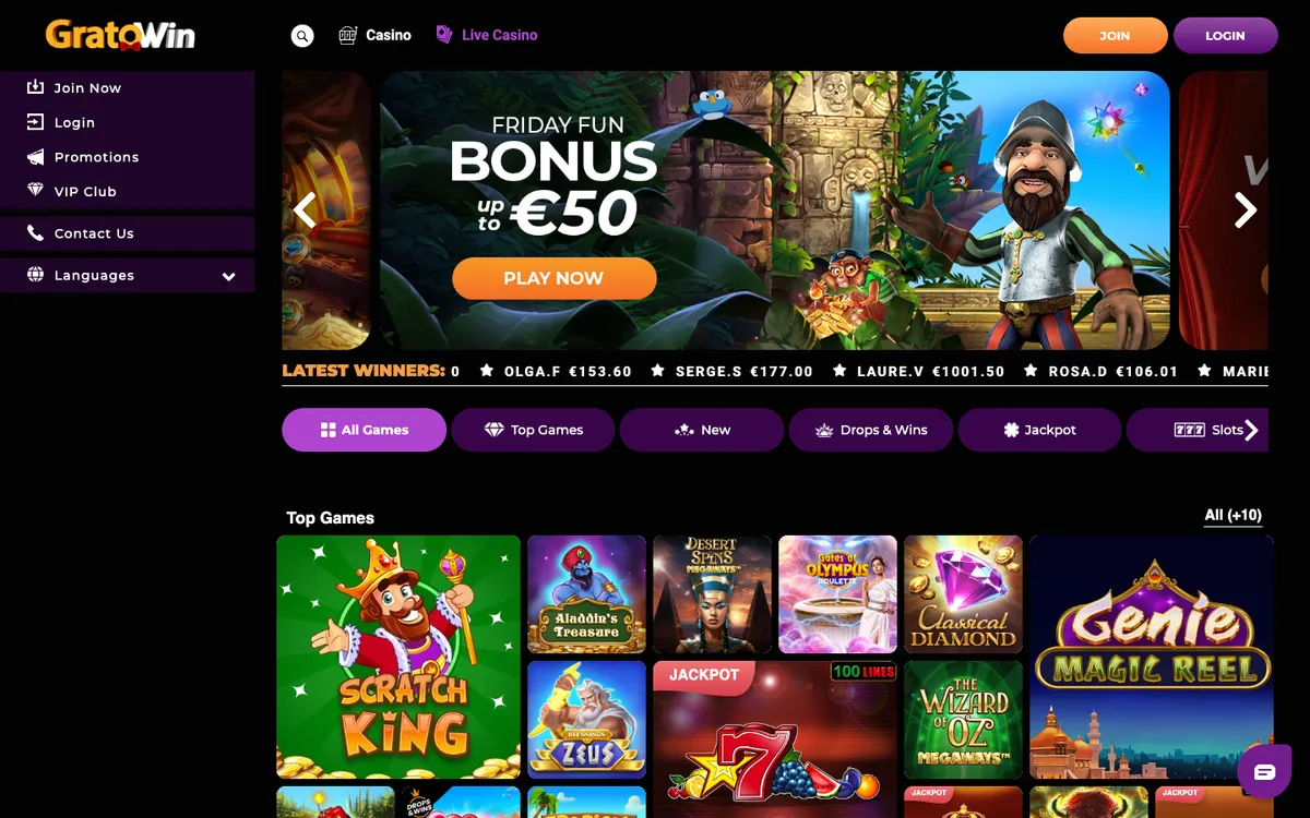 GratoWin Casino — Home page, captured from Belgium