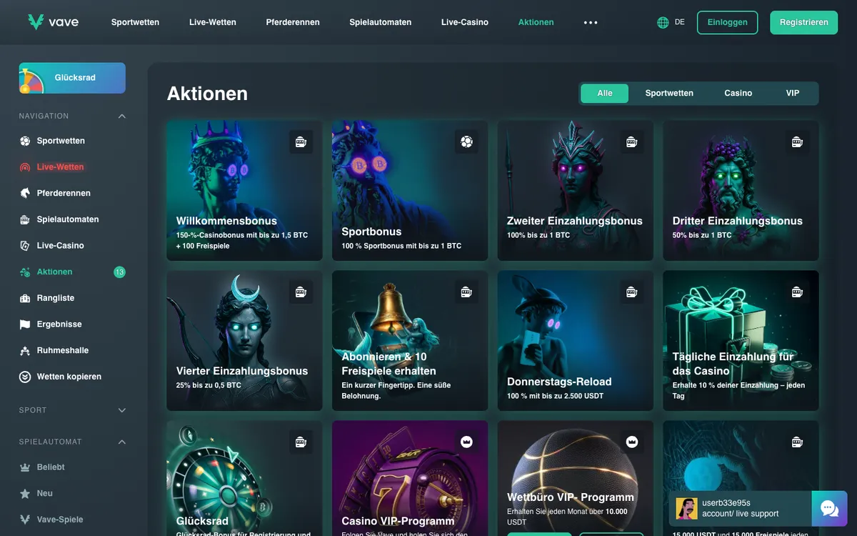Vave Casino — «Акции», снято из страны Австрия