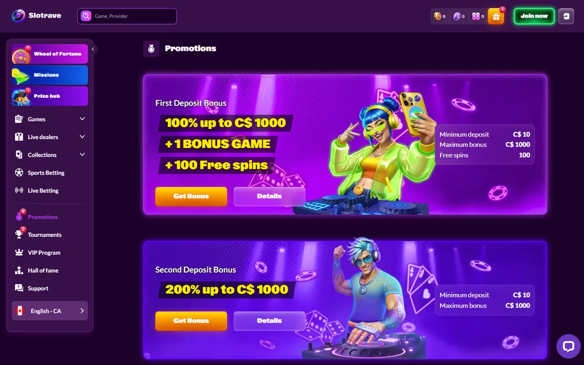 Slotrave Casino — Promotions, captured from Canada