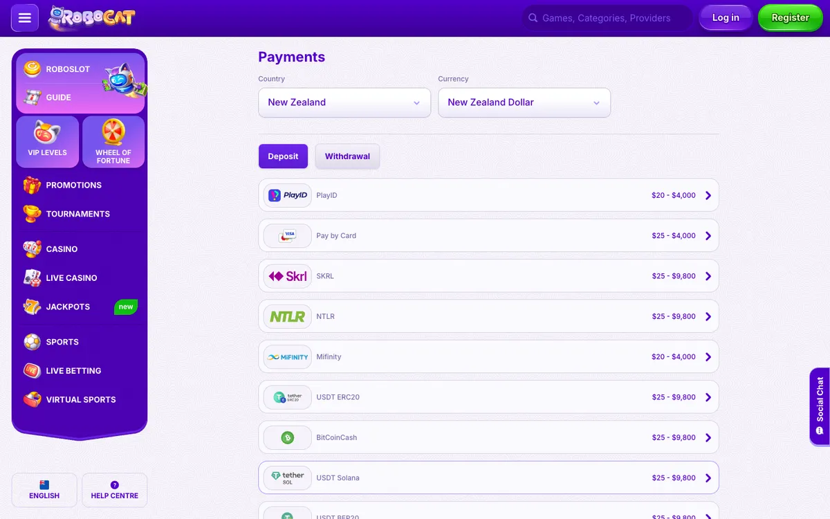 RoboCat Casino — Payments, captured from New Zealand