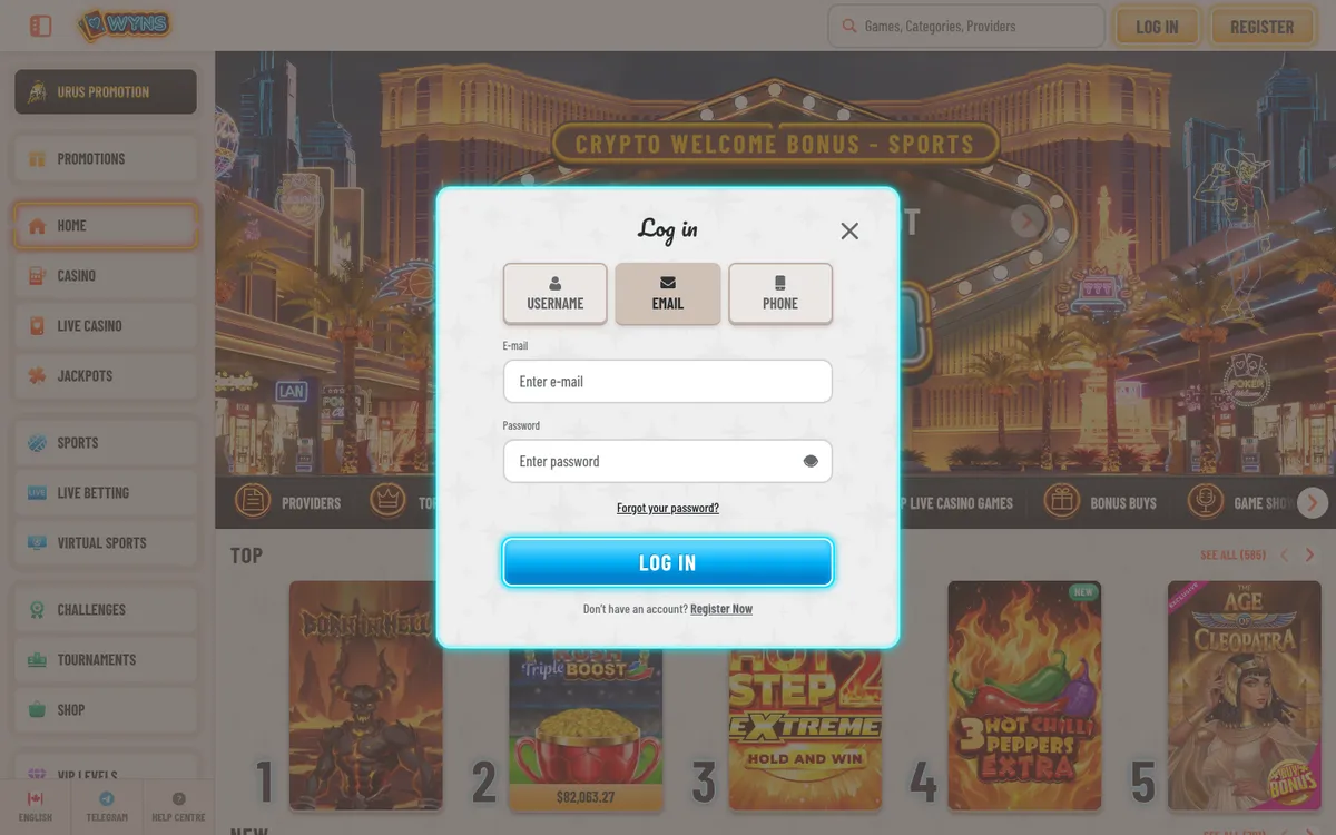 Wyns Casino — Sign-up, captured from Canada