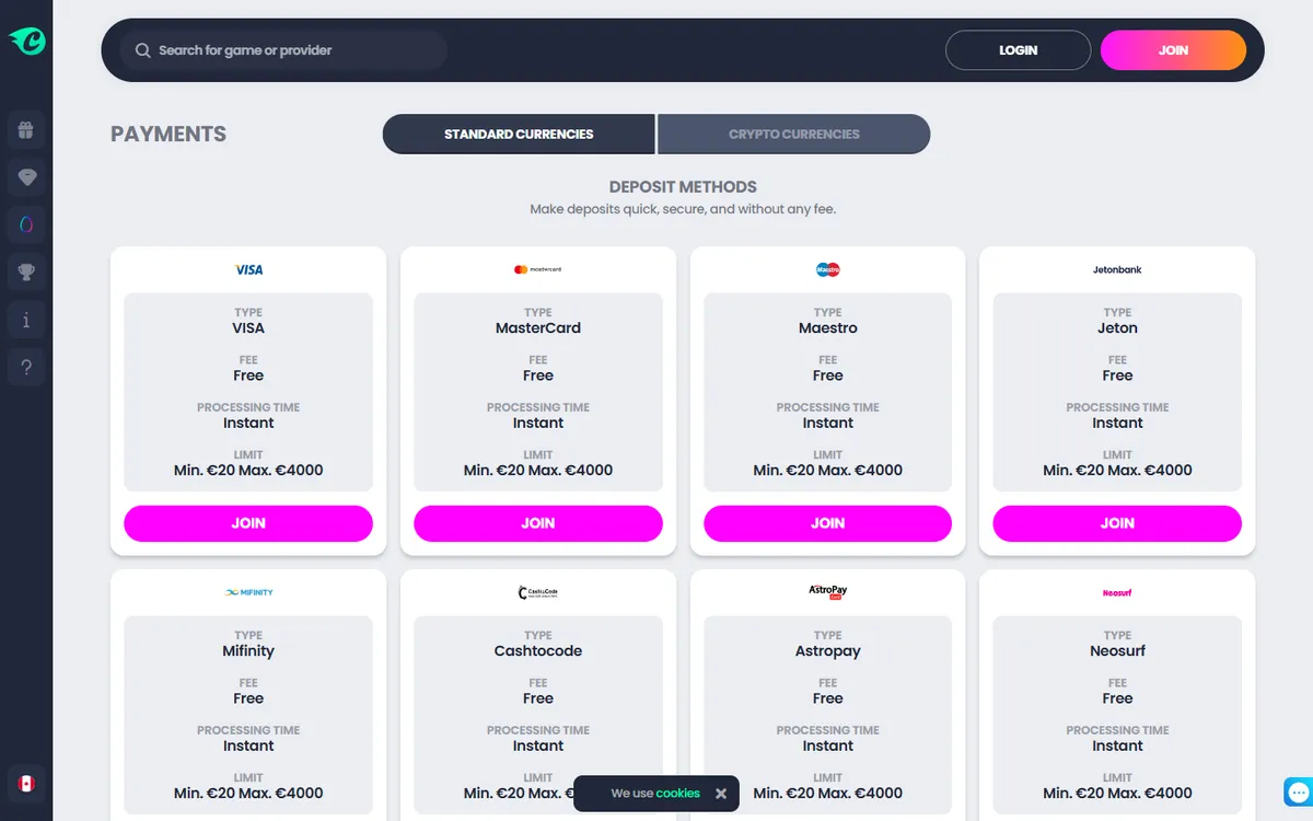 CrocoSlots Casino — Payments, captured from Canada