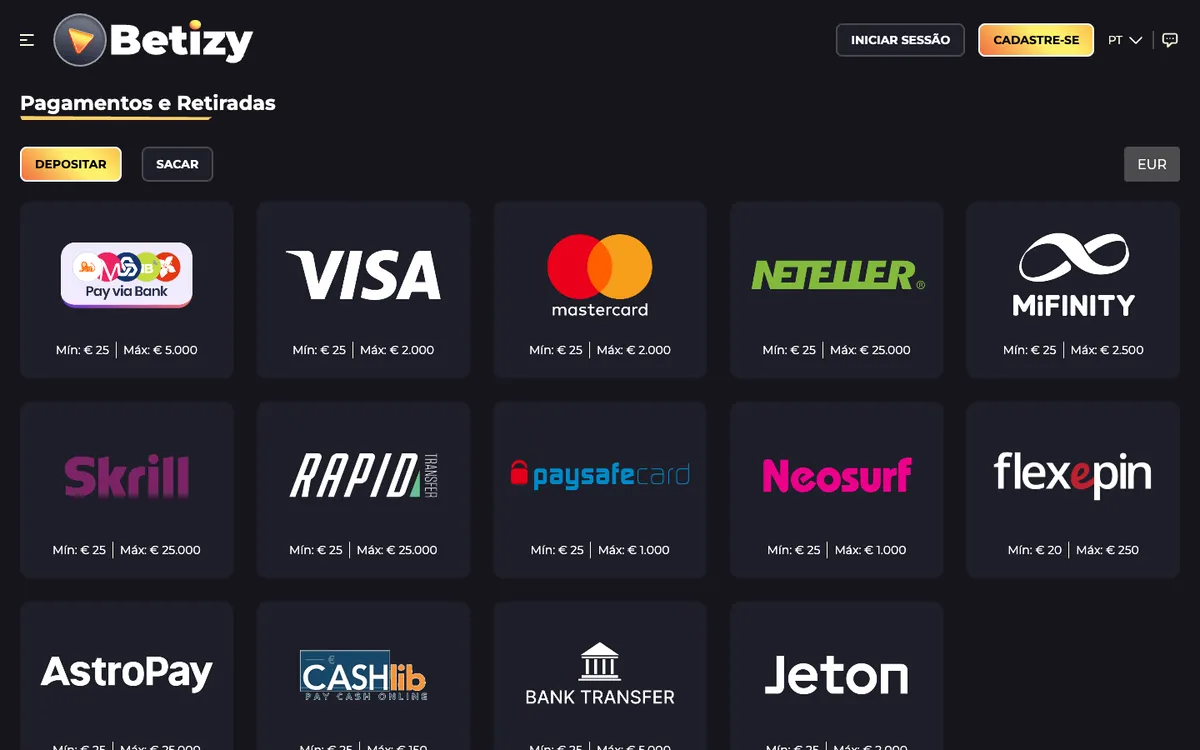 Betizy Casino — Payments, captured from Portugal