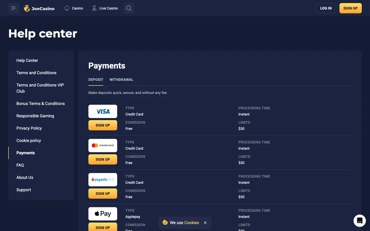 Joo Casino — Payments, captured from New Zealand