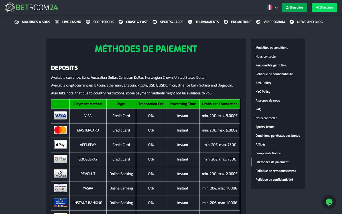 Betroom24 Casino — Payments, captured from France