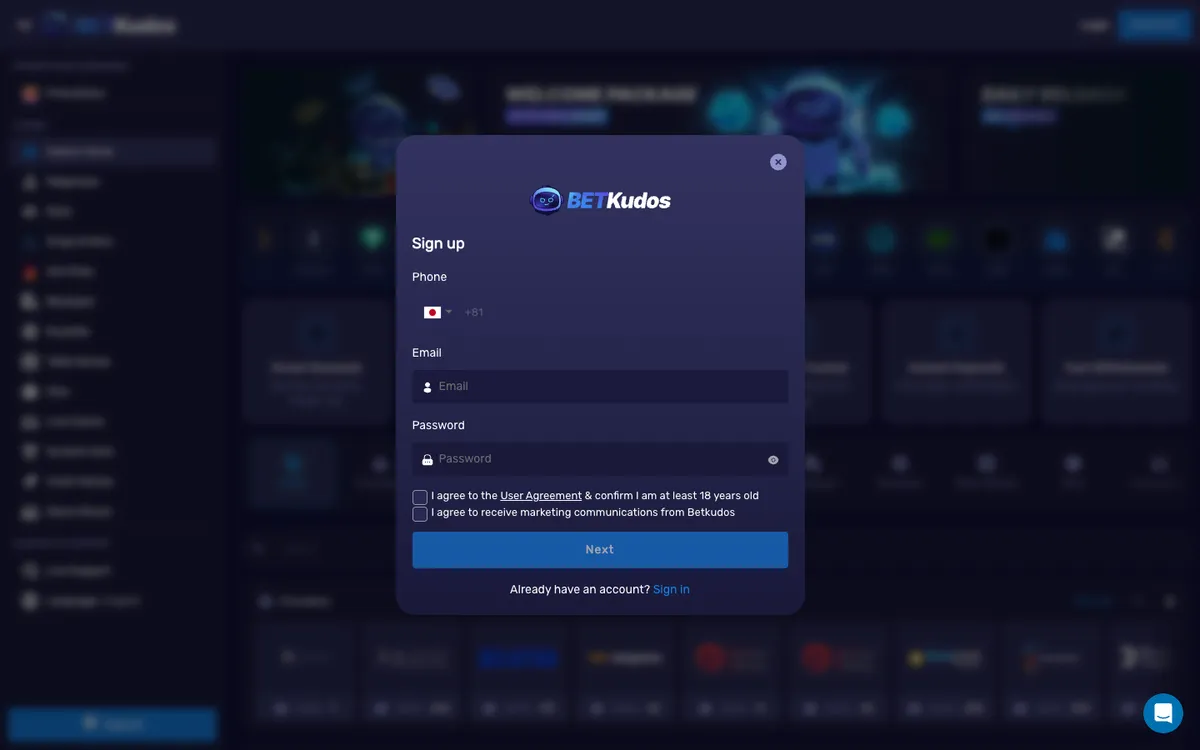 BetKudos Casino — Sign-up, captured from Japan