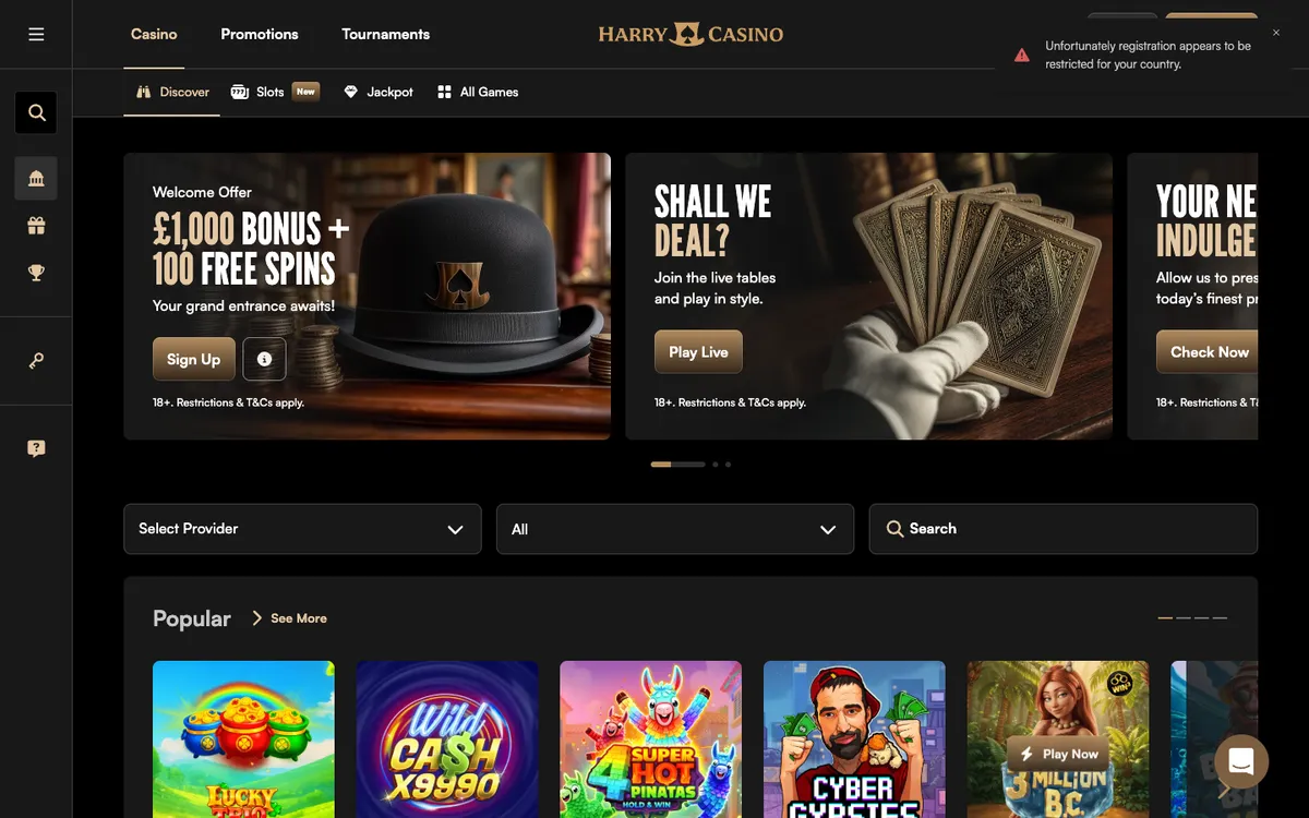 Harry Casino — Sign-up, captured from United Kingdom