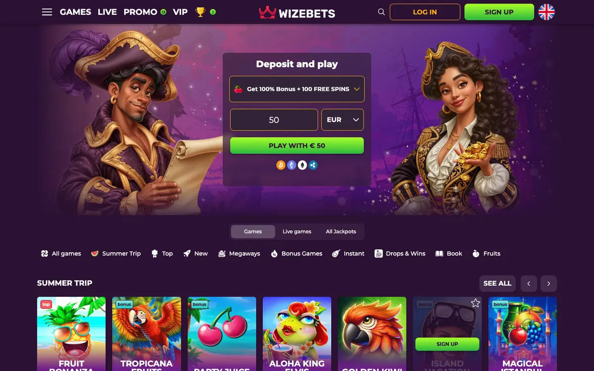 Wizebets Casino — Home page, captured from Australia