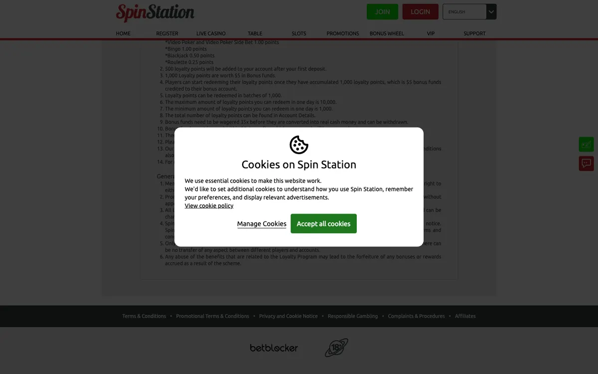 Spin Station Casino — «Акции», снято из страны Новая Зеландия