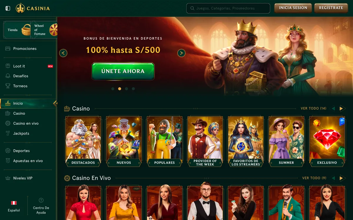 Casinia Casino — Home page, captured from Peru