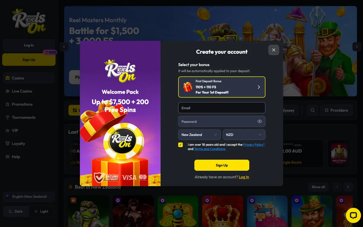 ReelsOn Casino — Sign-up, captured from New Zealand