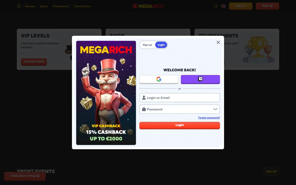 Megarich Casino — Sign-up, captured from Belgium
