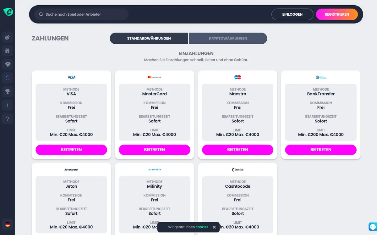 CrocoSlots Casino — Payments, captured from Germany
