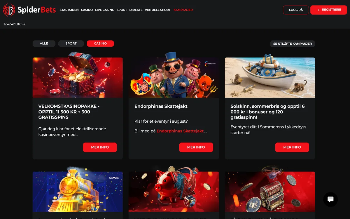 SpiderBets Casino — Promotions, captured from Norway
