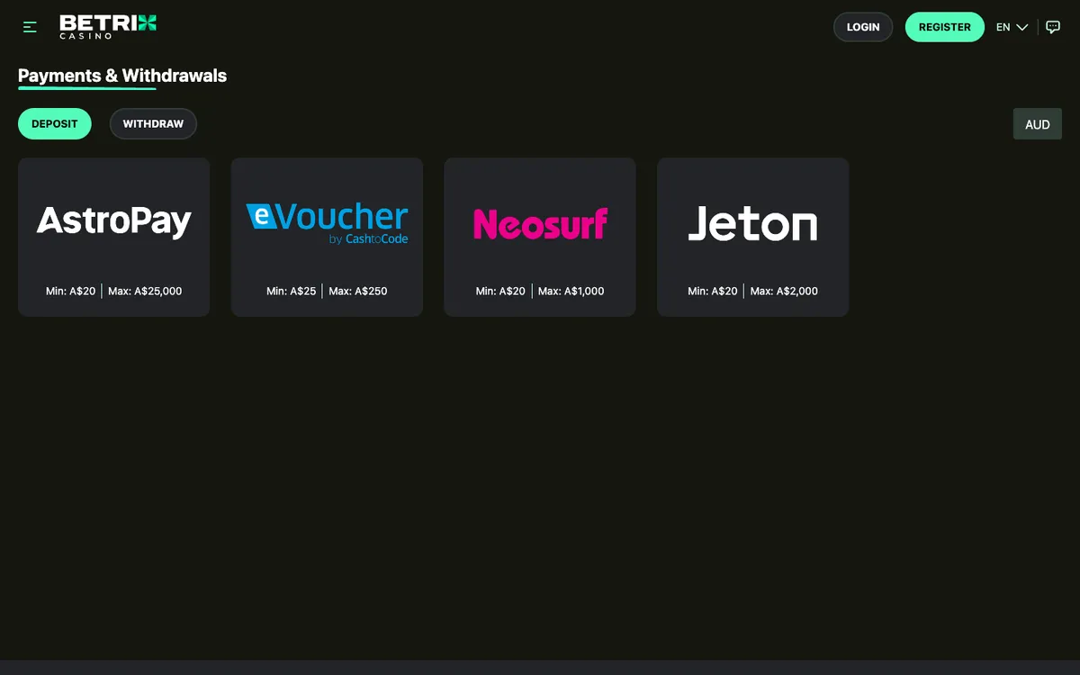 Betrix Casino — Payments, captured from Australia