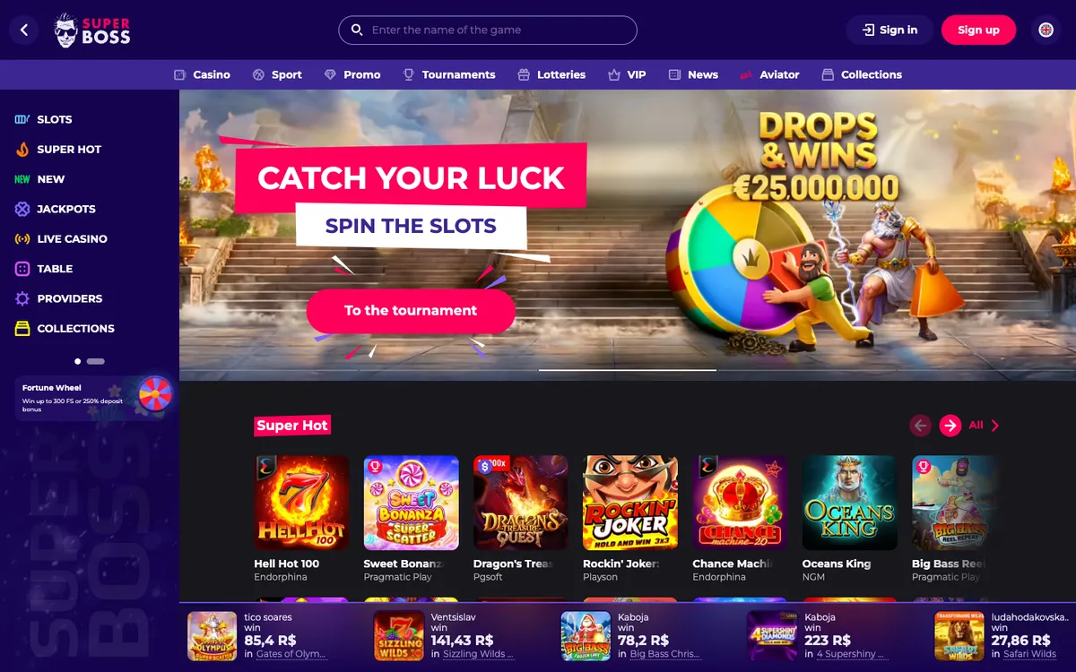 SuperBoss Casino — Home page, captured from Spain