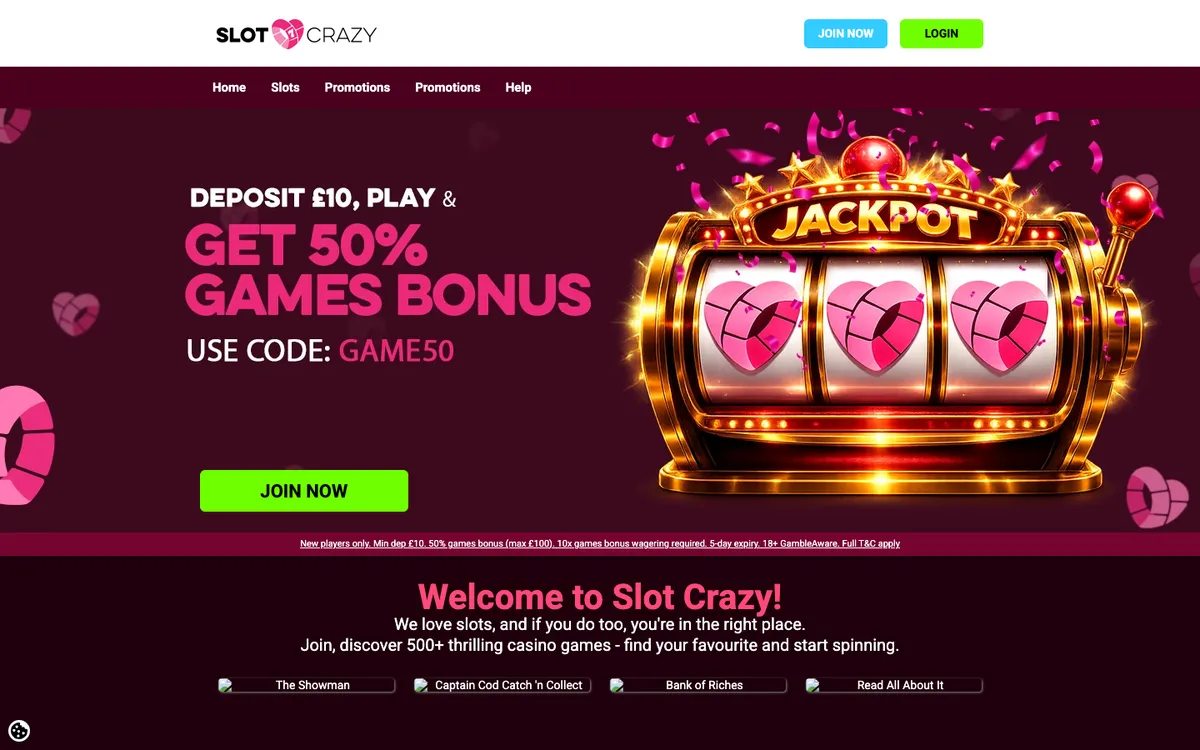 Slot Crazy Casino — Home page, captured from United Kingdom