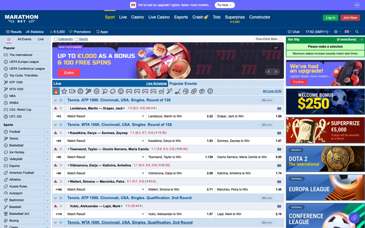 Marathonbet Casino — Home page, captured from Singapore