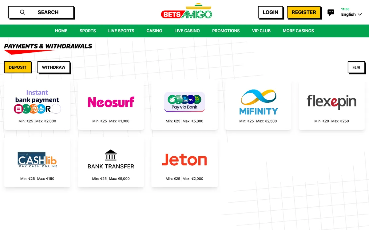 Betsamigo Casino — Payments, captured from Belgium