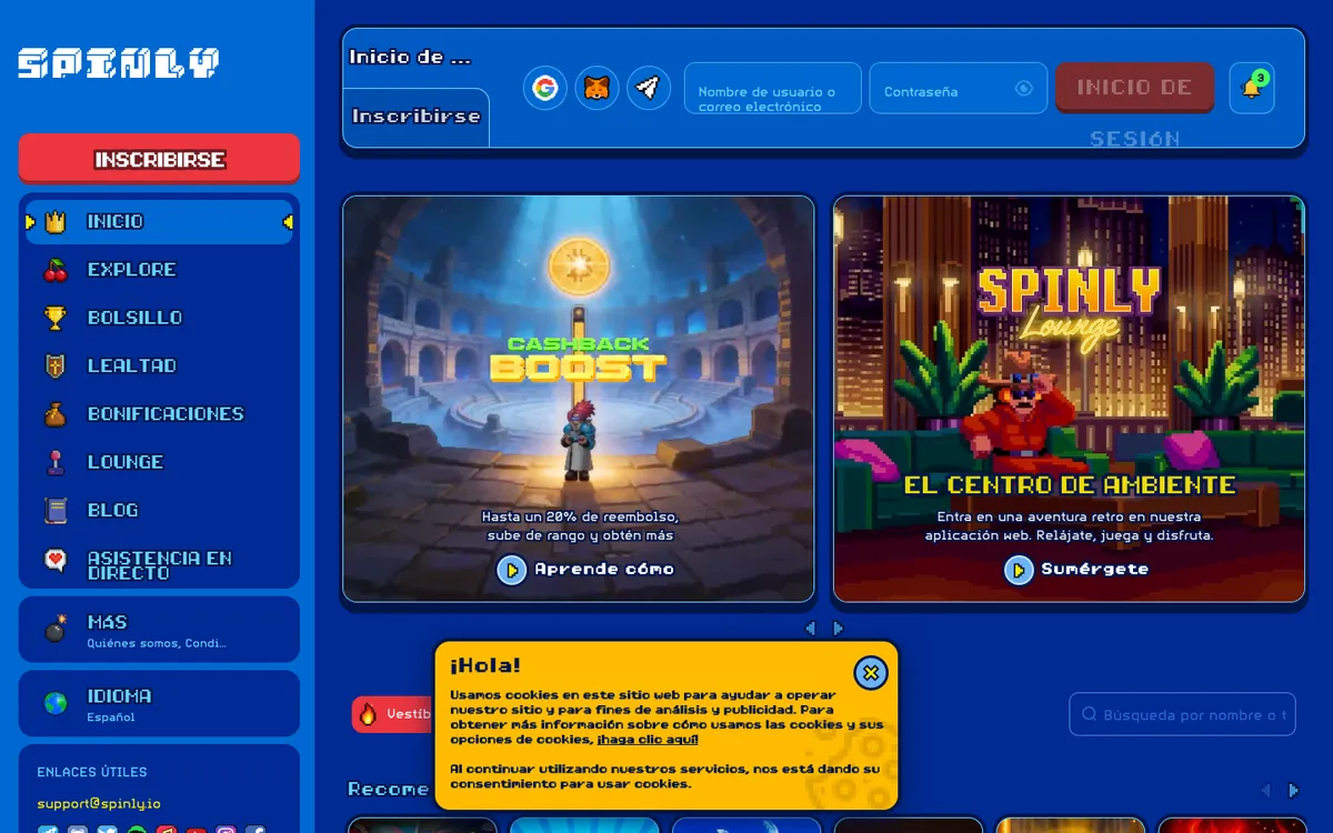 Spinly Casino — Home page, captured from Spain